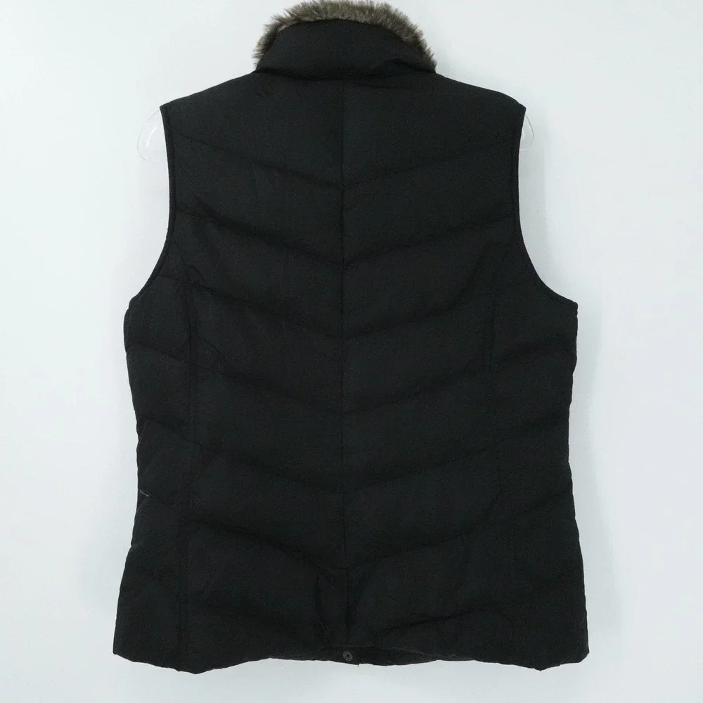 Eddie Bauer‎ Vest Womens M Black Goose Down Quilted Faux Fur Collar Outdoor Fall